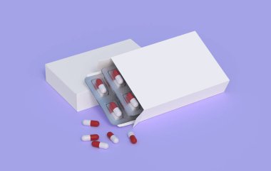 Close up of package with two blisters with medicines red-white pills. Mockup template. 3d rendering