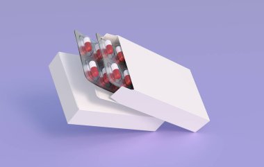 Close up of package with two blisters with medicines red-white pills. Mockup template. 3d rendering