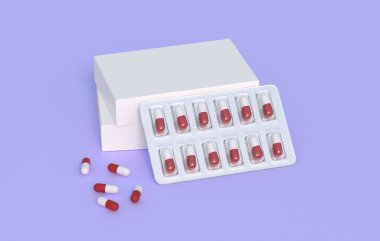 Close up of package with two blisters with medicines red-white pills. Mockup template. 3d rendering