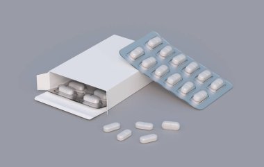 Package with two blisters with medicines pills. Mockup template. 3d rendering