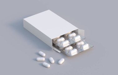 Package with two blisters with medicines pills. Mockup template. 3d rendering