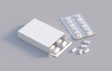 Package with two blisters with medicines pills. Mockup template. 3d rendering