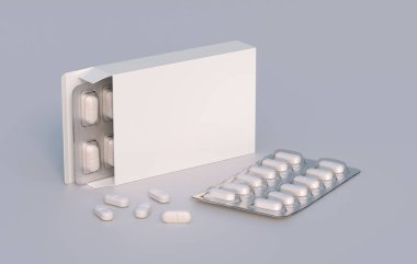 Package with two blisters with medicines pills. Mockup template. 3d rendering