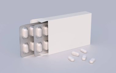 Package with two blisters with medicines pills. Mockup template. 3d rendering