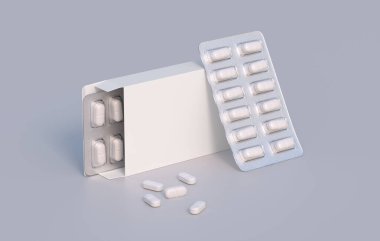 Package with two blisters with medicines pills. Mockup template. 3d rendering