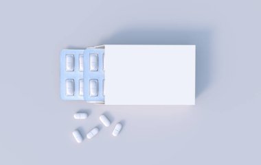 Package with two blisters with medicines pills. Mockup template. 3d rendering