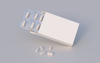 Package with two blisters with medicines pills. Mockup template. 3d rendering