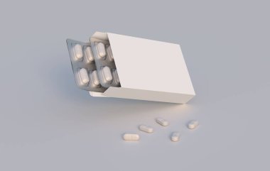 Package with two blisters with medicines pills. Mockup template. 3d rendering