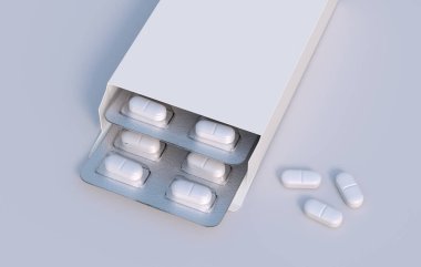 Package with two blisters with medicines pills. Mockup template. 3d rendering