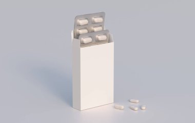 Package with two blisters with medicines pills. Mockup template. 3d rendering