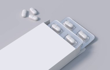 Package with two blisters with medicines pills. Mockup template. 3d rendering