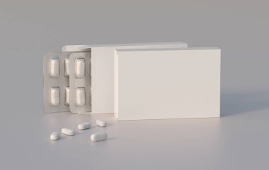 Package with two blisters with medicines pills. Mockup template. 3d rendering