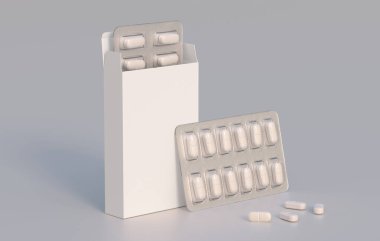 Package with two blisters with medicines pills. Mockup template. 3d rendering