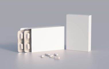 Package with two blisters with medicines pills. Mockup template. 3d rendering