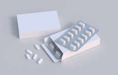 Package with two blisters with medicines pills. Mockup template. 3d rendering
