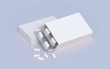 Package with two blisters with medicines pills. Mockup template. 3d rendering