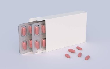 İçinde vitamin hapları olan iki su toplamış karton kutu. Model şablonu. 3d oluşturma