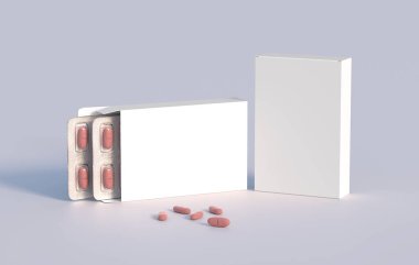 İçinde vitamin hapları olan iki su toplamış karton kutu. Model şablonu. 3d oluşturma