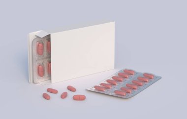 İçinde vitamin hapları olan iki su toplamış karton kutu. Model şablonu. 3d oluşturma