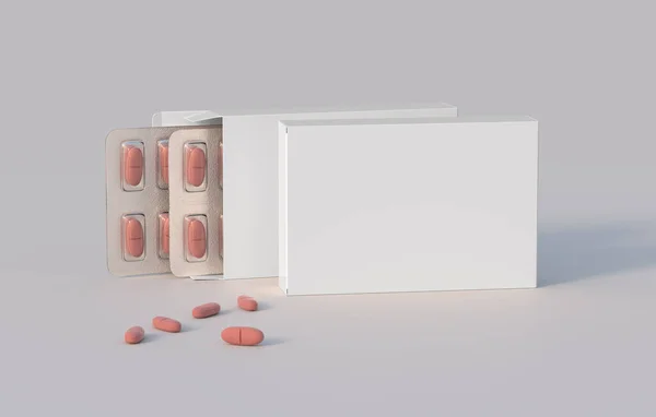 İçinde vitamin hapları olan iki su toplamış karton kutu. Model şablonu. 3d oluşturma