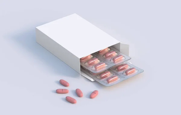 2つのビタミン薬と水疱と段ボール箱包装 モックアップ テンプレート 3Dレンダリング — ストック写真