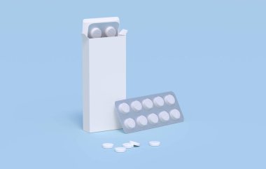 Kartpostal paketlerinde beyaz haplar var. Model şablonu. 3d oluşturma