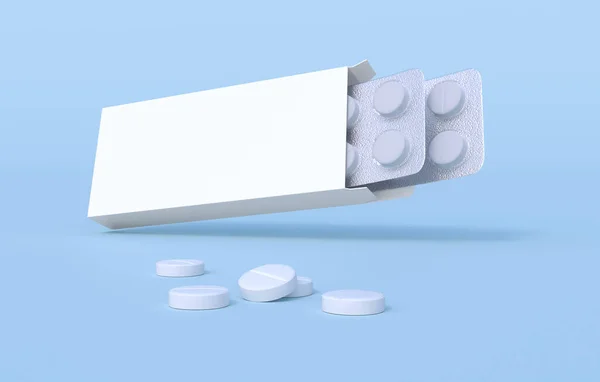 白色药丸装在纸盒包装的两个水泡包里 模拟模版 3D渲染 — 图库照片