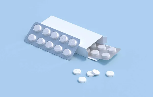 White Pills Two Blister Packs Cardbox Packaging Mockup Template Rendering — Stock Photo, Image