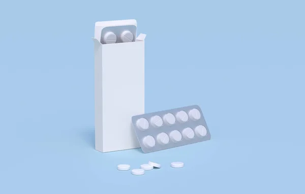 白色药丸装在纸盒包装的两个水泡包里 模拟模版 3D渲染 — 图库照片