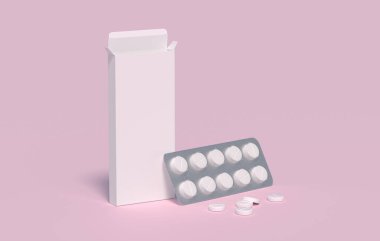 Karton paketlerin içinde beyaz haplar var. Model şablonu. 3d oluşturma