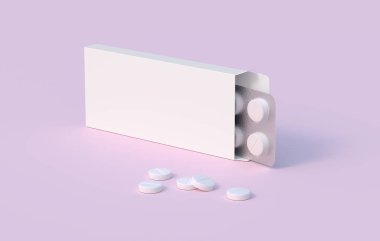 Karton paketlerin içinde beyaz haplar var. Model şablonu. 3d oluşturma