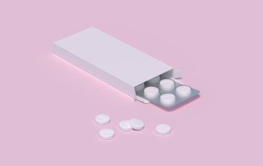 Karton paketlerin içinde beyaz haplar var. Model şablonu. 3d oluşturma