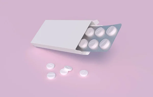 段ボール箱の中にブリスターパックの白い錠剤 モックアップ テンプレート 3Dレンダリング — ストック写真