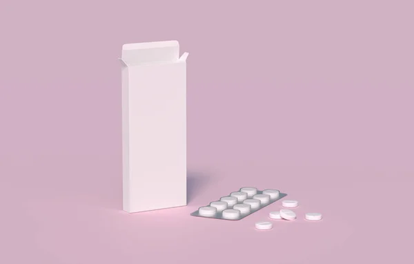 Fehér Tabletták Buborékcsomagolásban Kartondobozban Mockup Sablon Renderelés — Stock Fotó