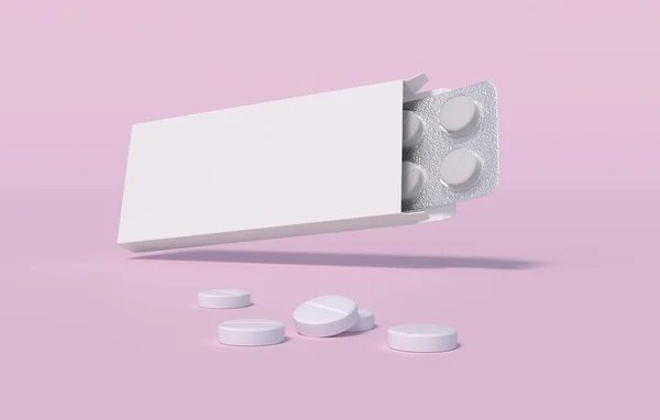 Pílulas Brancas Blister Embalagem Papelão Modelo Mockup Renderização — Fotografia de Stock