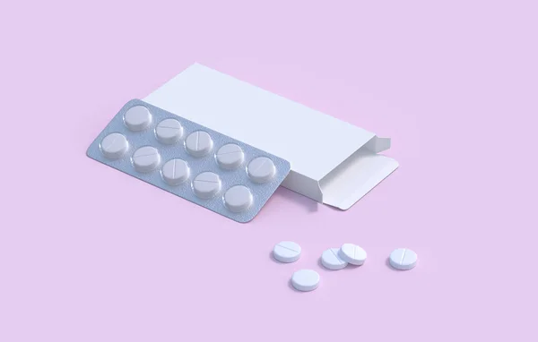Fehér Tabletták Buborékcsomagolásban Kartondobozban Mockup Sablon Renderelés — Stock Fotó