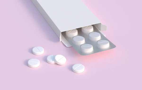 Białe Tabletki Blistrze Opakowaniu Tekturowym Wzór Makiety Renderowanie — Zdjęcie stockowe