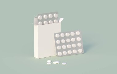 Karton paketlerde beyaz daire hapları var. Model şablonu. 3d oluşturma