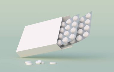 Karton paketlerde beyaz daire hapları var. Model şablonu. 3d oluşturma