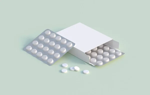 Λευκά Χάπια Συσκευασία Blister Συσκευασία Cardbox Πρότυπο Mockup Απόδοση — Φωτογραφία Αρχείου