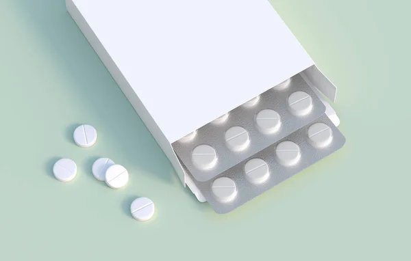 Λευκά Χάπια Συσκευασία Blister Συσκευασία Cardbox Πρότυπο Mockup Απόδοση — Φωτογραφία Αρχείου