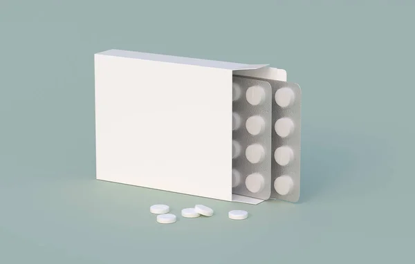 白圆药丸装在纸盒包装的水泡包装中 模拟模版 3D渲染 — 图库照片