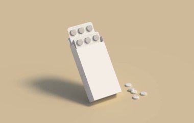 Karton paketlerde iki kabarcık olan beyaz daire hapları. Model şablonu. 3d oluşturma