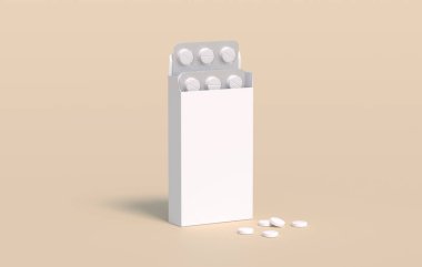 Karton paketlerde iki kabarcık olan beyaz daire hapları. Model şablonu. 3d oluşturma