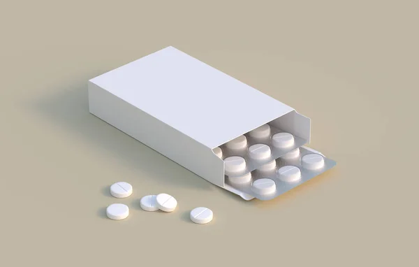 Karton paketlerde iki kabarcık olan beyaz daire hapları. Model şablonu. 3d oluşturma