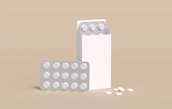 段ボール箱の包装に2つの水疱が入ったパックの白い円薬 モックアップ テンプレート 3Dレンダリング — ストック写真