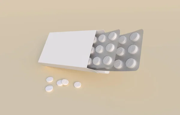 Karton paketlerde iki kabarcık olan beyaz daire hapları. Model şablonu. 3d oluşturma