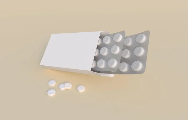 Białe Okrągłe Tabletki Opakowaniu Dwoma Blistrami Opakowaniu Tekturowym Wzór Makiety — Zdjęcie stockowe