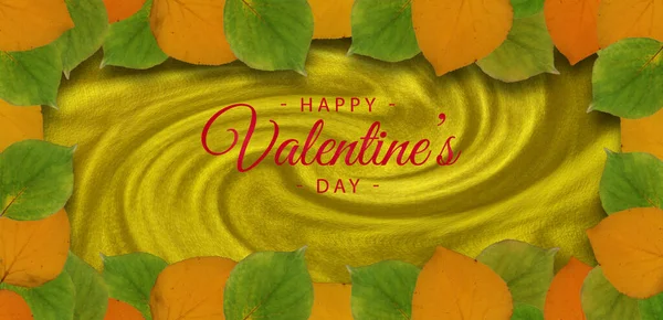 Valentine Day Greeting Card Frame Leaves Twirl Background Golden Fabric — Stock Photo, Image