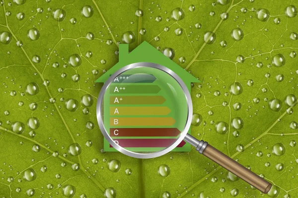 Energy saving, family house and real estate concept, magnifying glass, a green house with energy efficiency rating, green background with leaf with dew